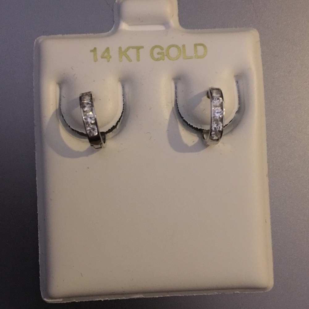14K Solid White Gold CZ Mini Huggies